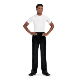 front view of a model wearing black marching band trousers